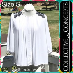 COLLECTIVE CONCEPTS White Chiffon w Black Lace Accent Dress Blouse Top Size S